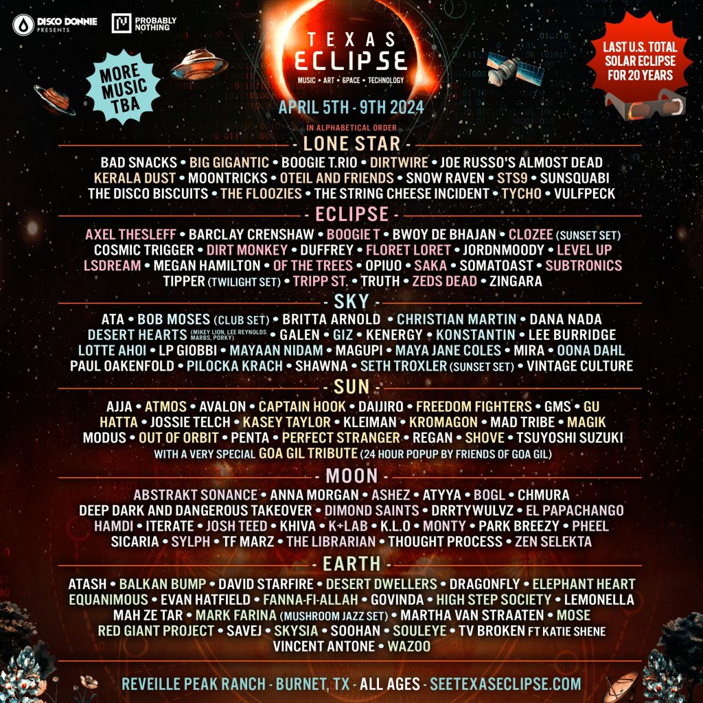 The 2024 Texas Eclipse Festival music lineup.